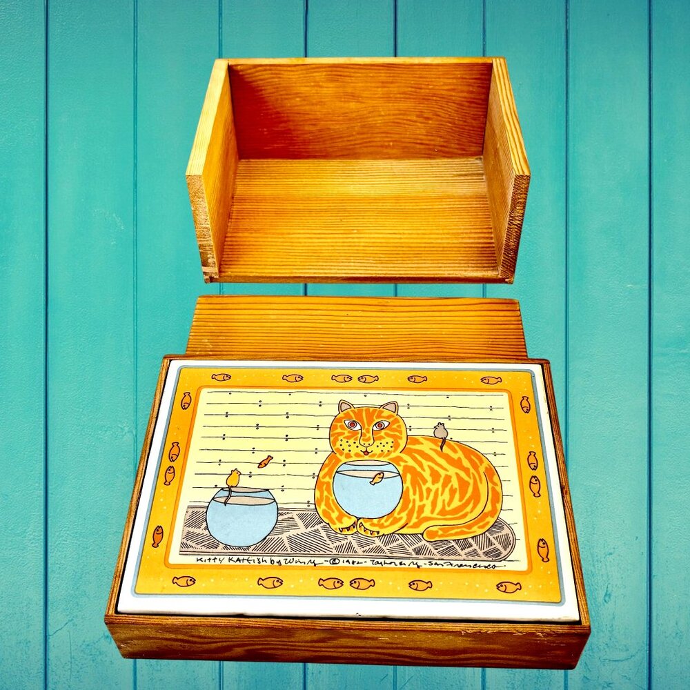 Taylor & NG Wooden Box with Tile San Francisco Kiitty Katfish vtg 1982 DAMAGED